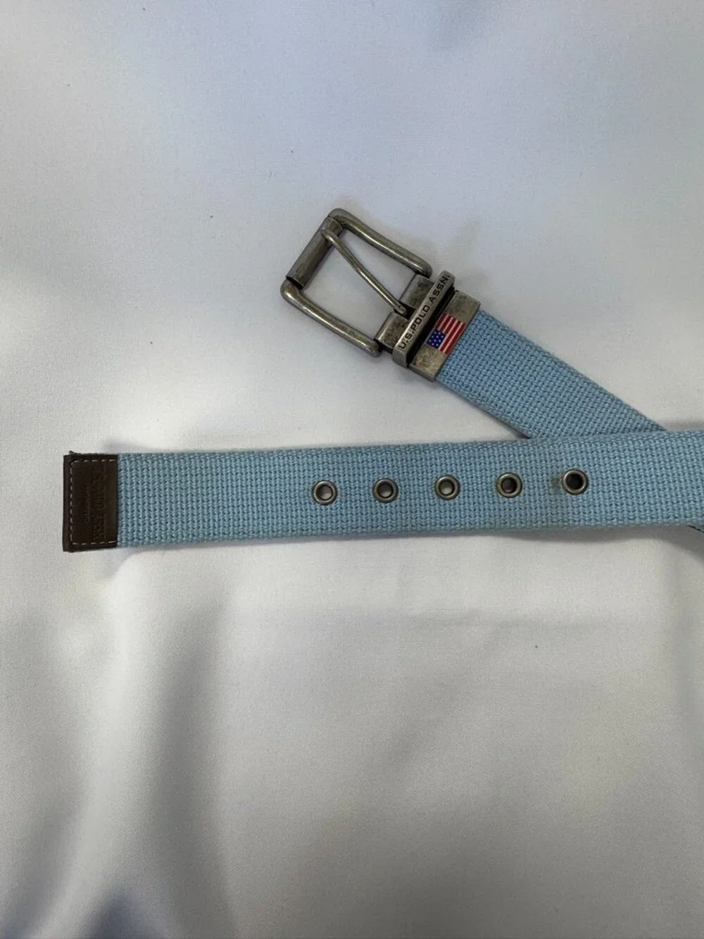 U.S. Polo Assn. Light Blue Canvas Men's Belt with American Flag Buckle Size 34